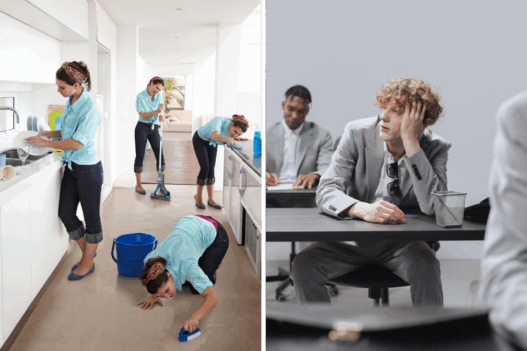 Split image showing obsessive cleaning on one side and a distracted man in a meeting on the other, illustrating OCD vs ADHD behavior.