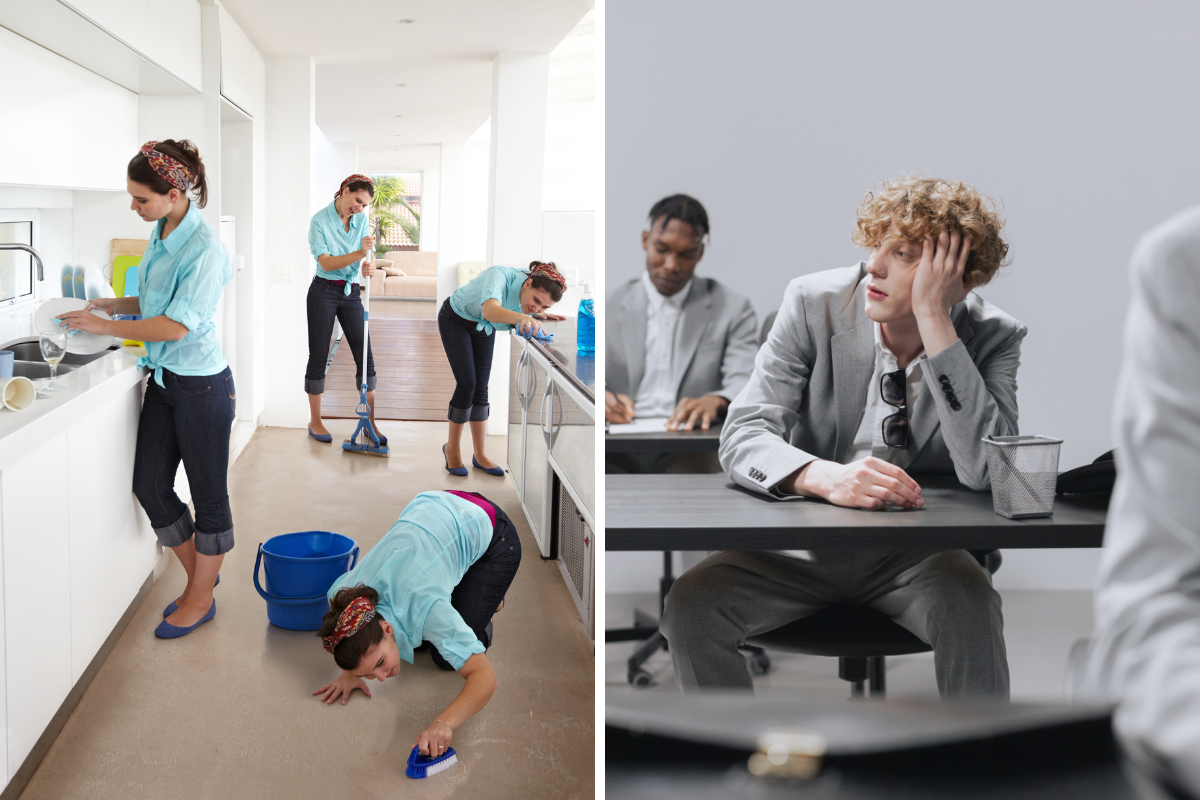 Split image showing obsessive cleaning on one side and a distracted man in a meeting on the other, illustrating OCD vs ADHD behavior.