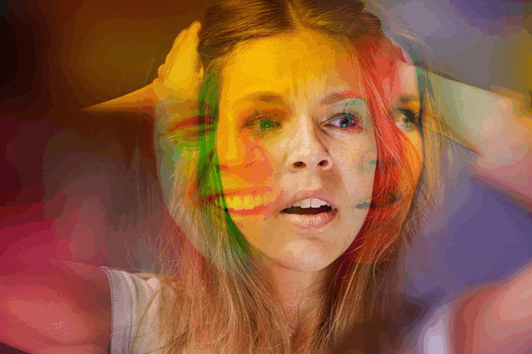 Woman holding her head with a distressed expression, overlaid with contrasting emotions to reflect the intense mood swings of bipolar disorder.