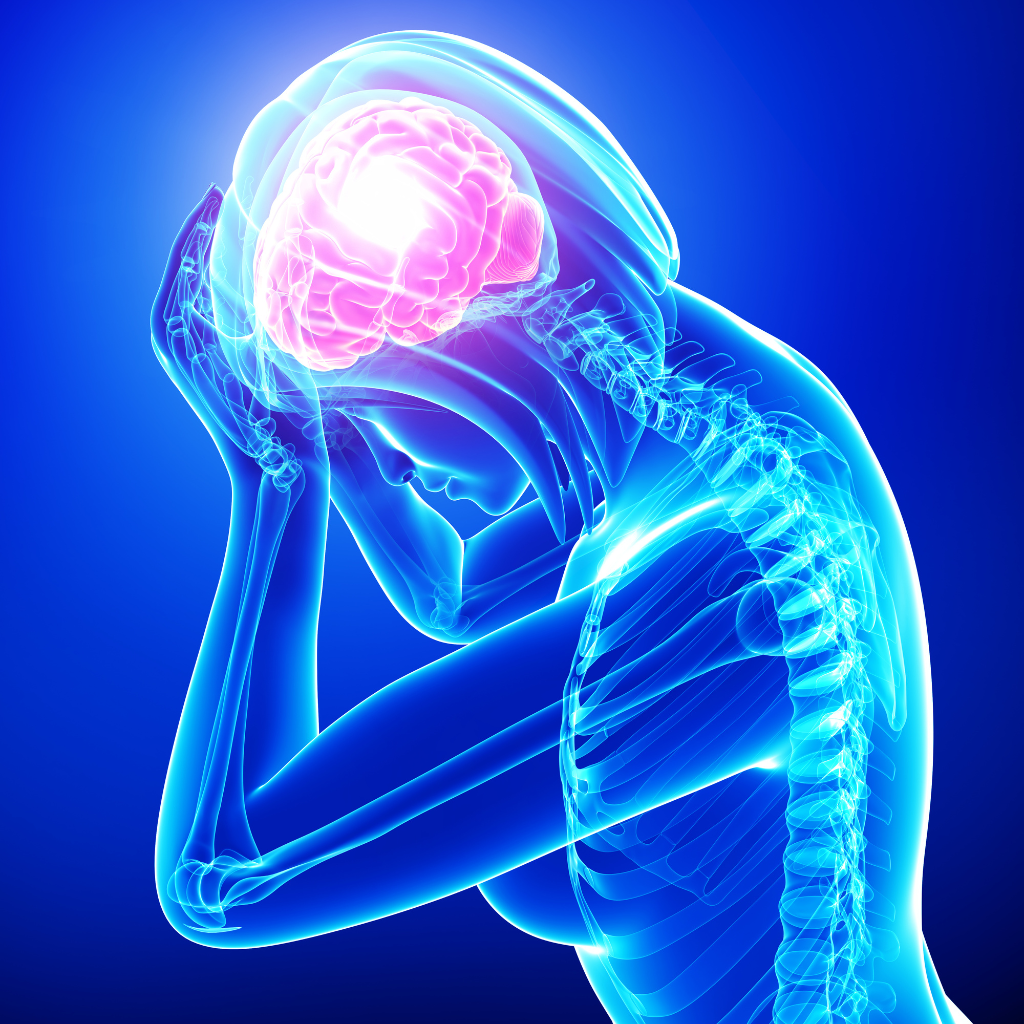 Illustration of a woman holding her head, highlighting brain activity linked to PMDD.