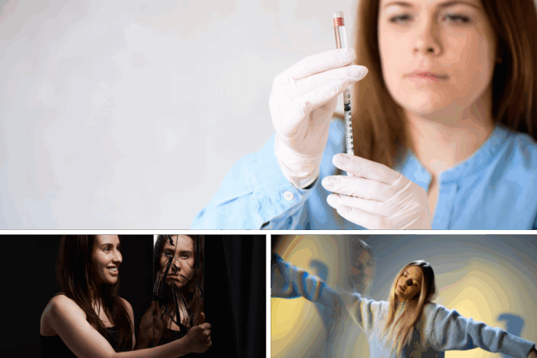 Long Acting Injectables (LAIs) preparation and individuals showing emotional and psychological effects of schizophrenia and bipolar disorder.