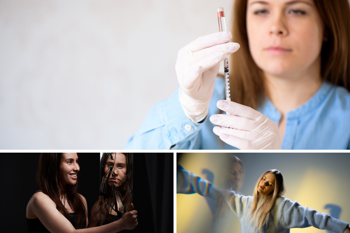 Long Acting Injectables (LAIs) preparation and individuals showing emotional and psychological effects of schizophrenia and bipolar disorder.
