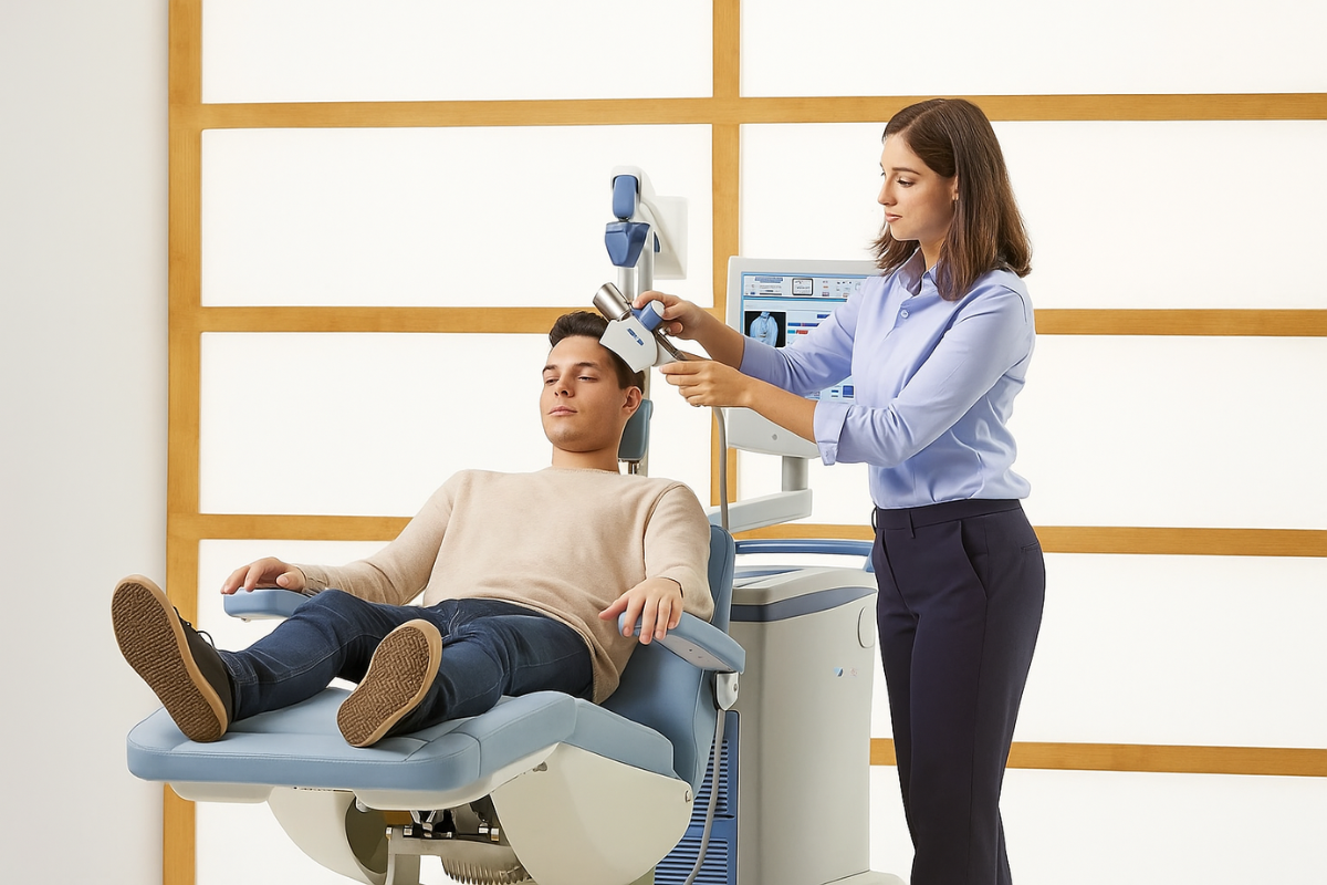A male patient undergoing Transcranial magnetic stimulation (TMS) therapy.