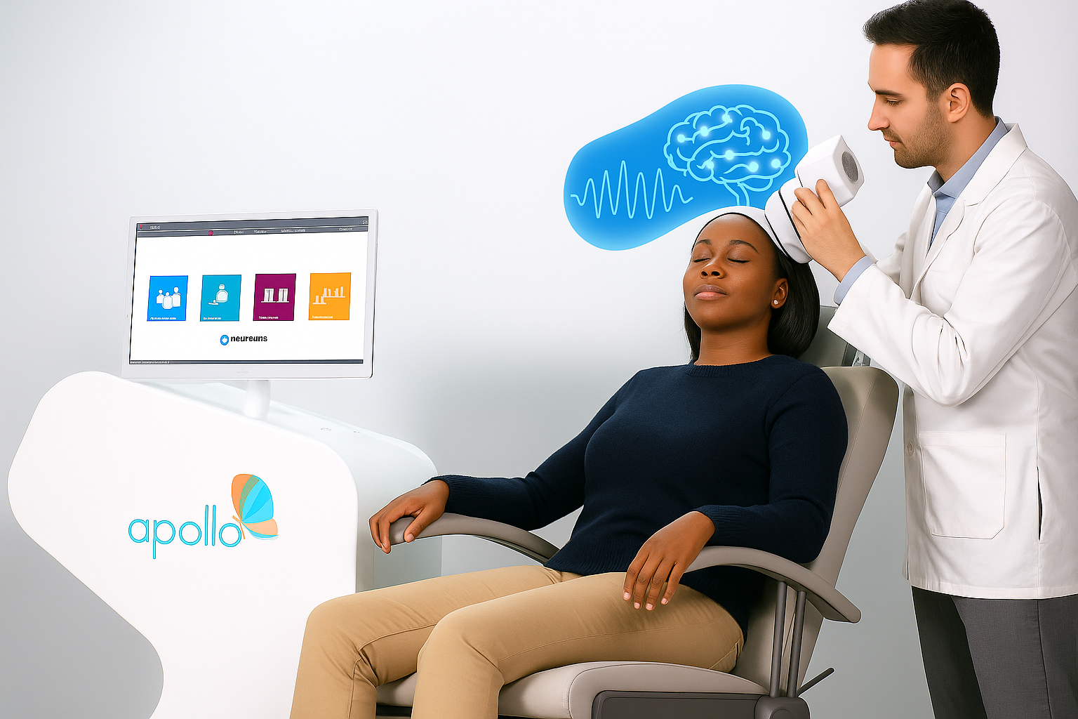 Exploring the Efficacy of TMS for Insomnia and Sleep Disorders 1 Woman getting TMS therapy in a clinic to help improve sleep and overall mental health.