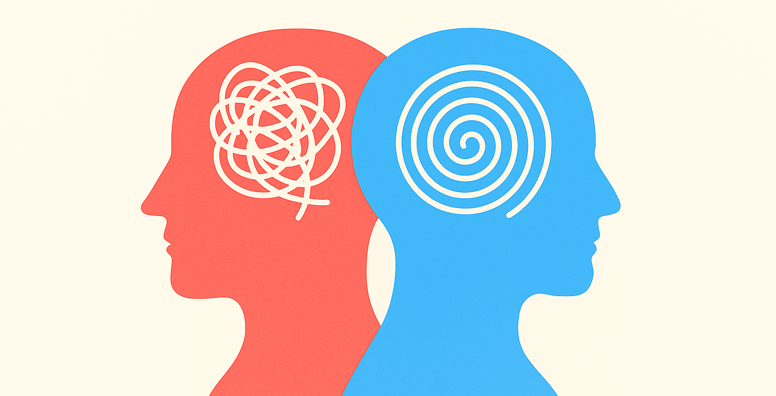 Two overlapping heads, representing the connection between mental health and substance use in dual diagnosis.