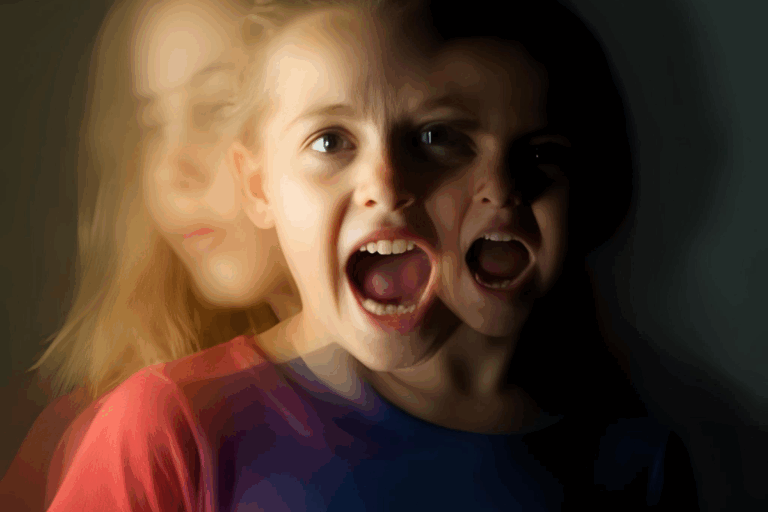 Child with overlapping faces showing extreme mood shifts, symbolizing bipolar disorder in children.