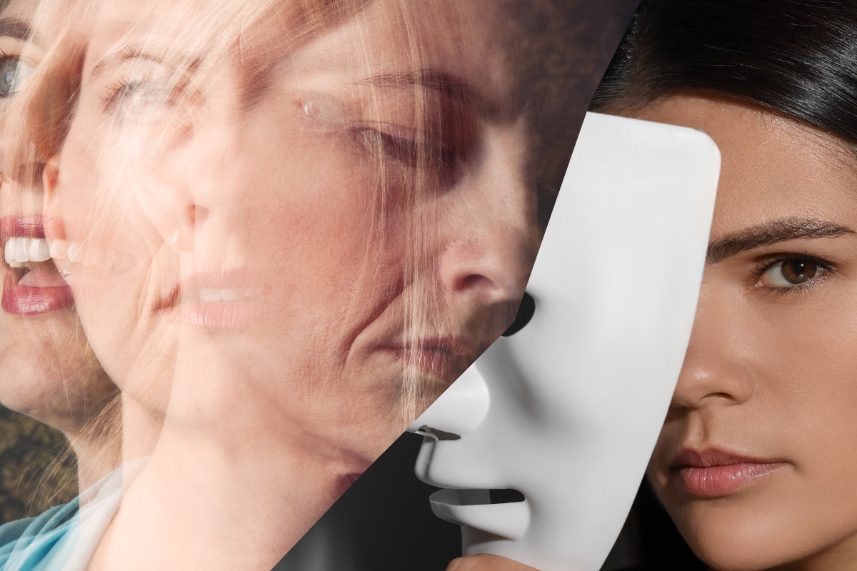 Split image showing sudden mood changes and a woman holding a mask, representing emotional shifts in BPD and dual states in Bipolar Disorder.