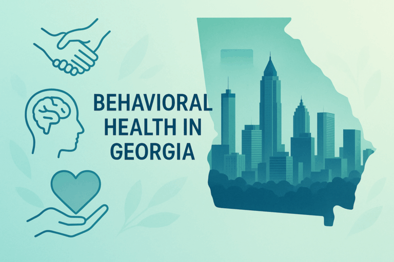 Illustration of Georgia state outline with Atlanta skyline and mental health symbols, representing behavioral health in Georgia.