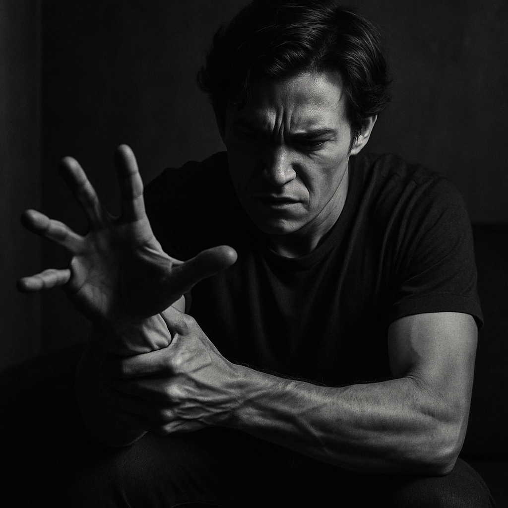 Man struggling with self-control, symbolizing impulse control disorder.