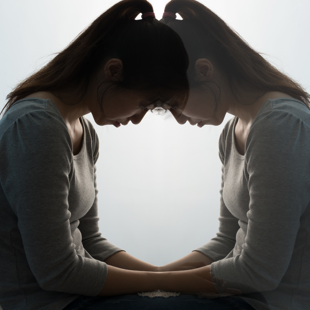 What is Double Depression? Symptoms, and Treatment Strategies 1 depressed woman with doubled reflection, representing double depression and overlapping symptoms.