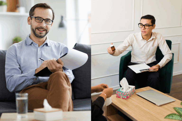 Psychotherapist vs Psychiatrist — illustrating talk therapy and medication-based care approaches.