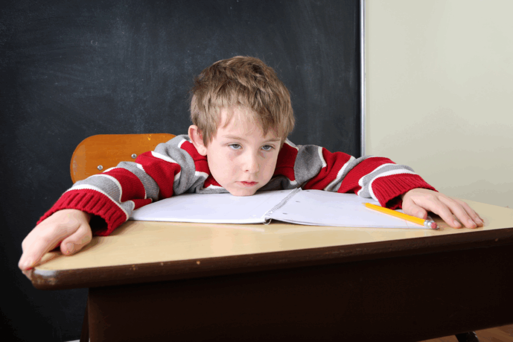 When ADHD and Anxiety Coexist 1 Tired child with ADHD and anxiety showing difficulty concentrating in class.