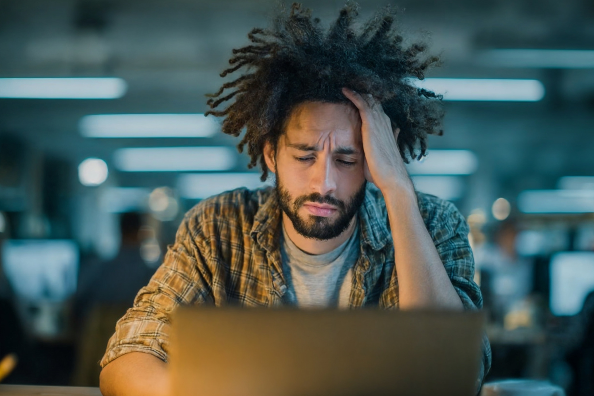 Man sitting at desk, drained and stressed, showing clear signs of burnout at work