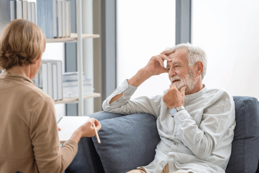 Elderly man receiving support and help from a therapist during psychotherapy session.