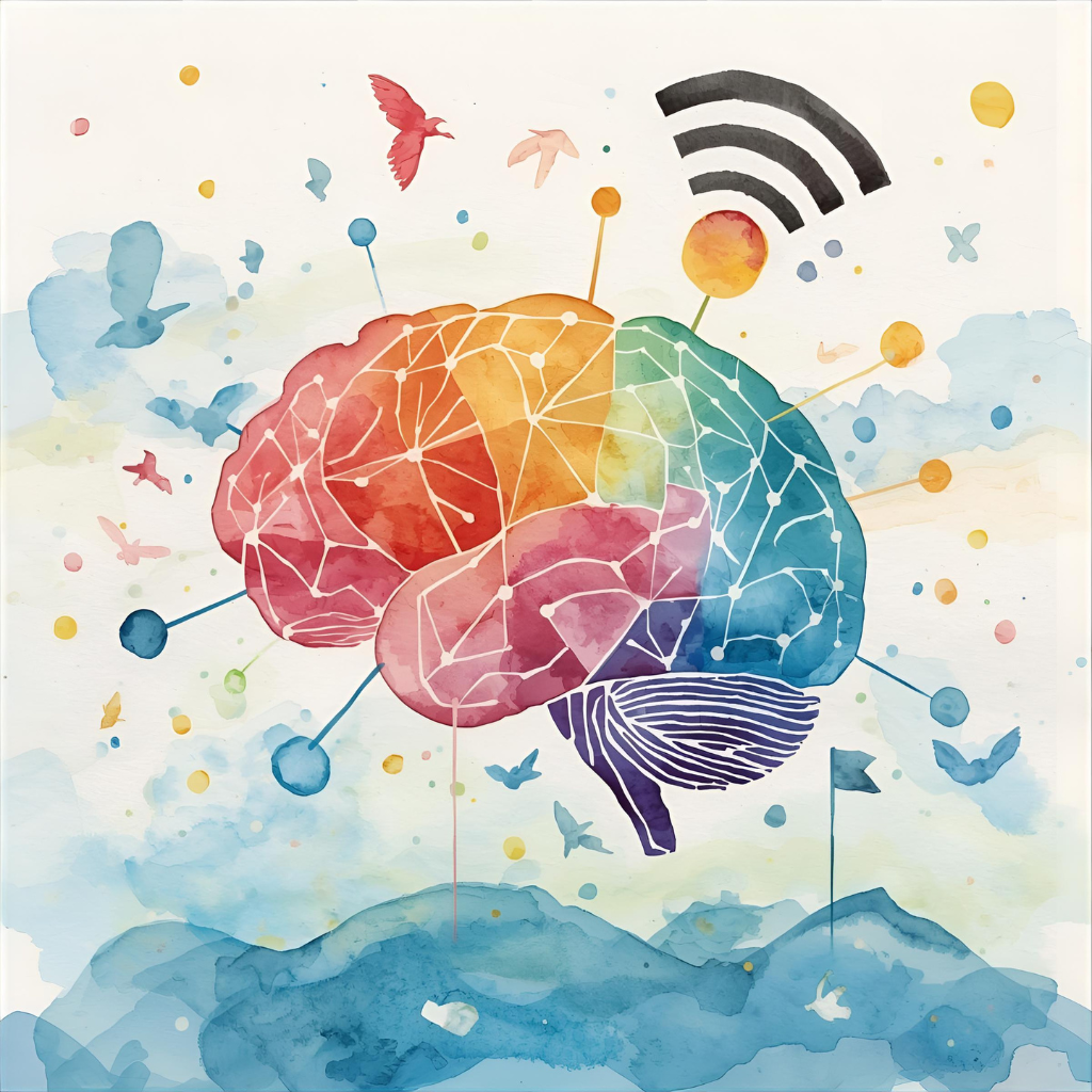 Abstract image of a brain with network lines and a Wi-Fi symbol