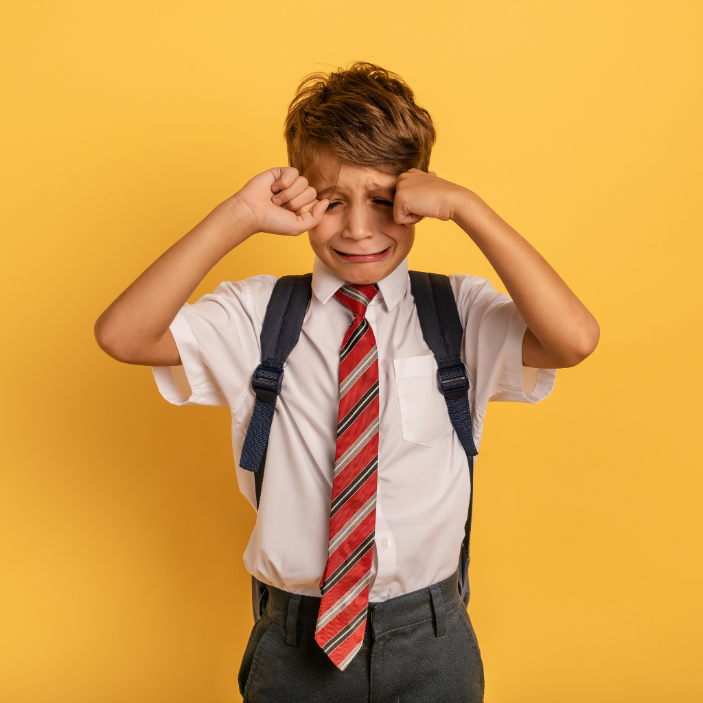 How Panic Attacks In Children Can Obstruct Their Mental Growth — Symptoms, Impacts, And What Helps 1 young boy upset in his school uniform, not wanting to go to school.