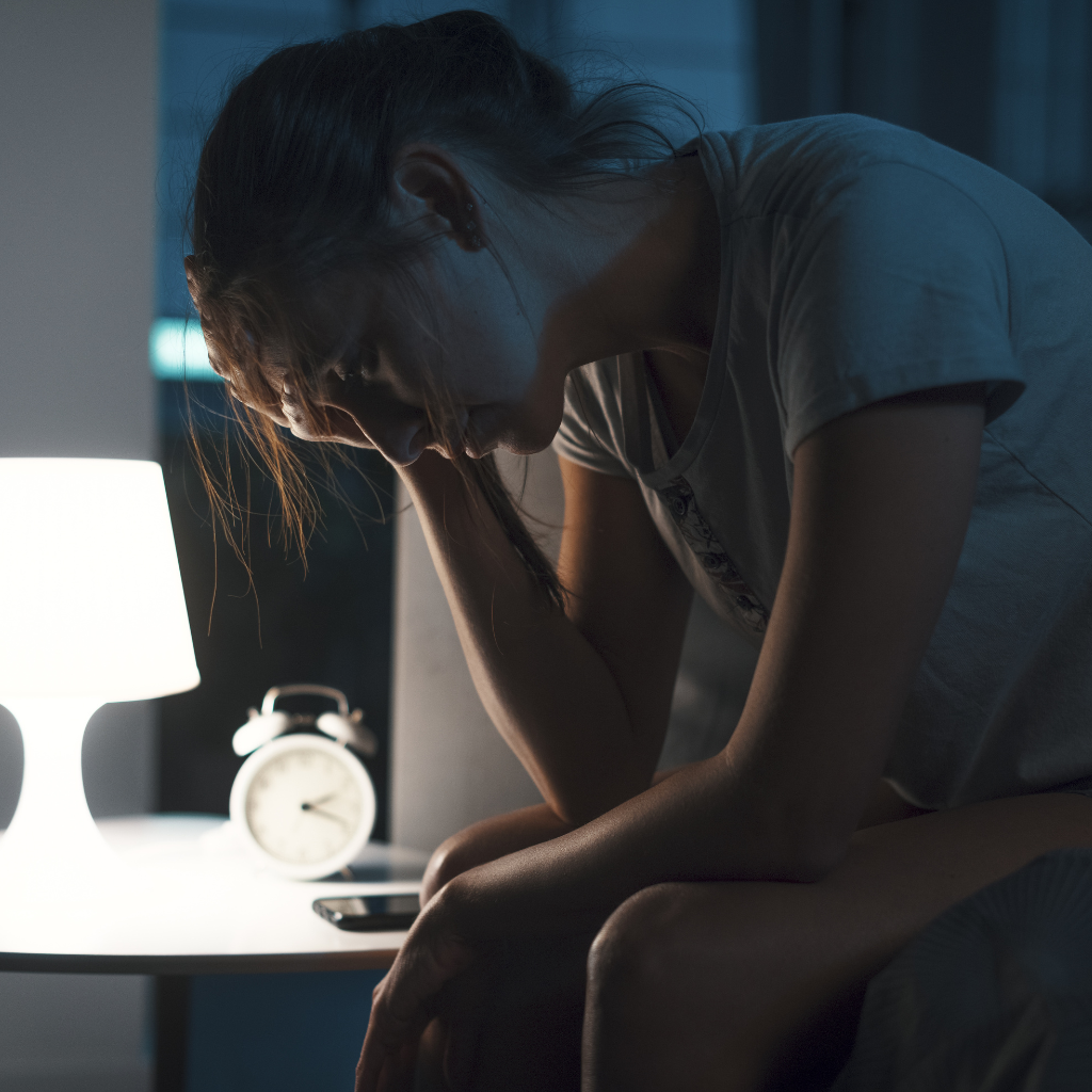 A woman sitting awake at night with her head in her hand, struggling with racing thoughts caused by anxiety and insomnia.