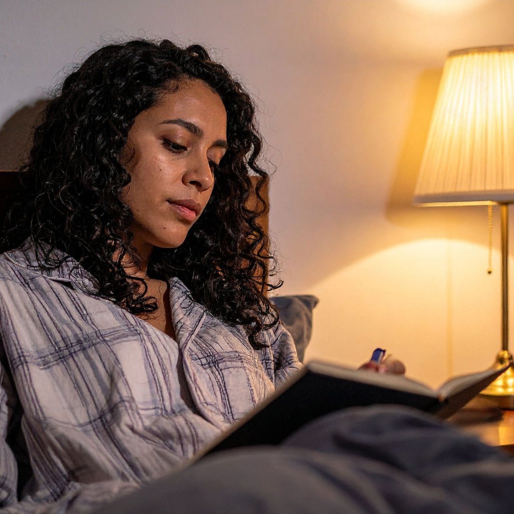 A woman writing in a journal at night as part of a calming bedtime routine to reduce anxiety and insomnia.