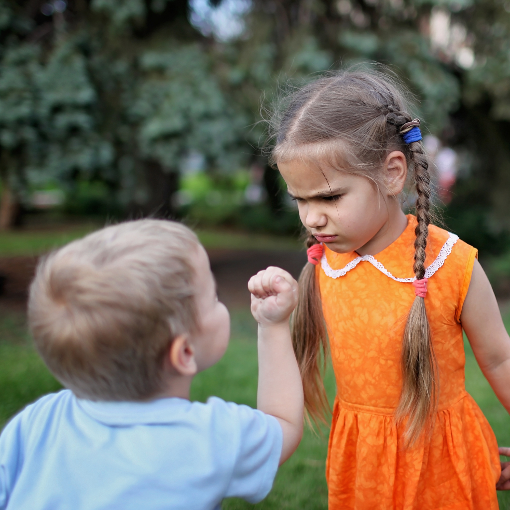 Two young children arguing, with one raising a fist and the other looking upset.