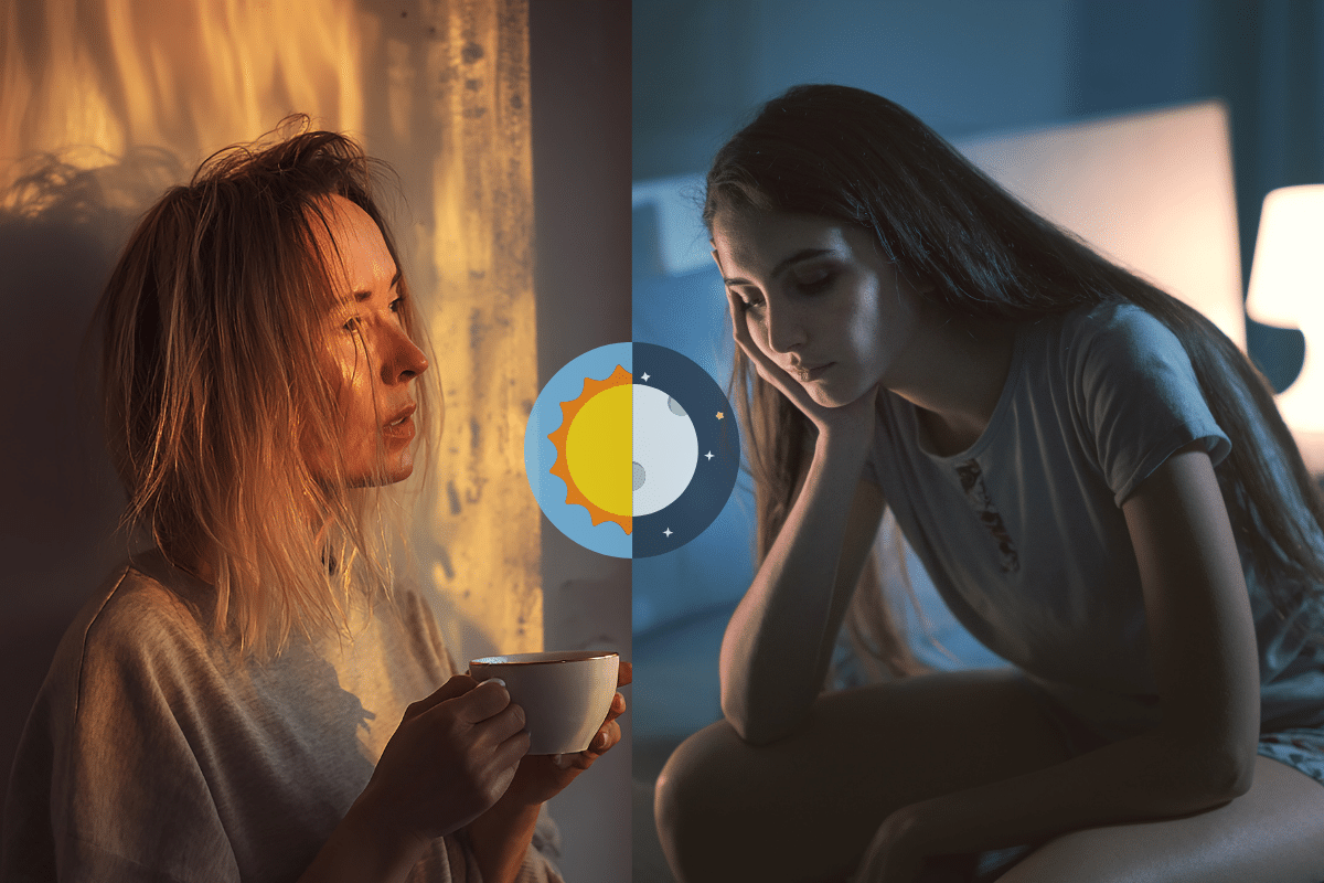 Person experiencing morning anxiety contrasted with evening anxiety at night