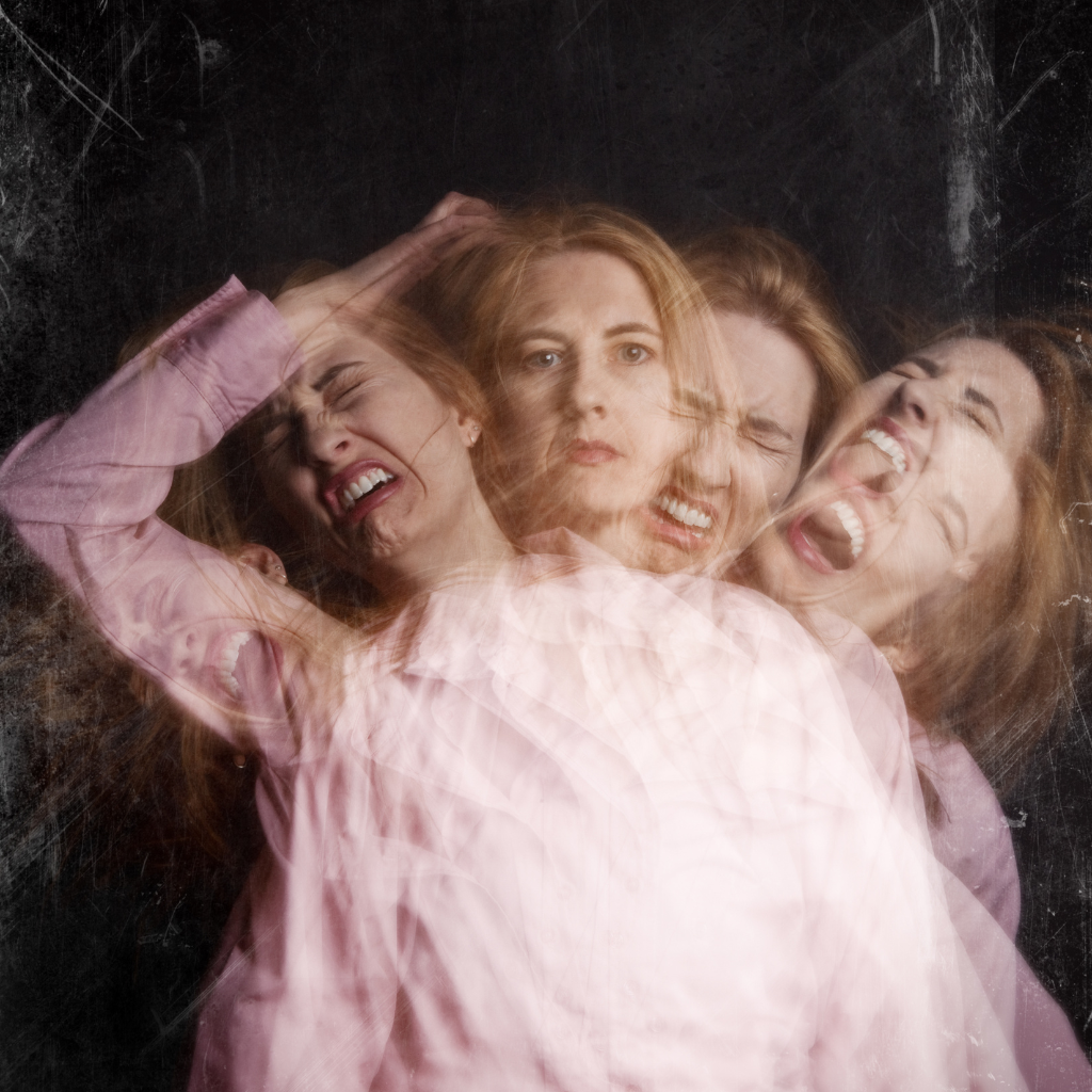 Multiple blurred images of a woman’s face, symbolizing mental overload and hidden emotional effort of ADHD Masking