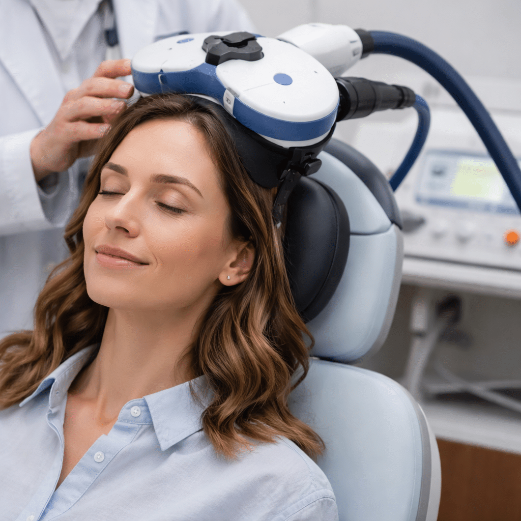 Woman receiving TMS for peripartum depression during a supervised clinical treatment session
