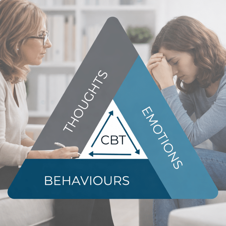 CBT triangle diagram illustrating the relationship between thoughts, emotions, and behaviors during a cognitive behavioral therapy session.