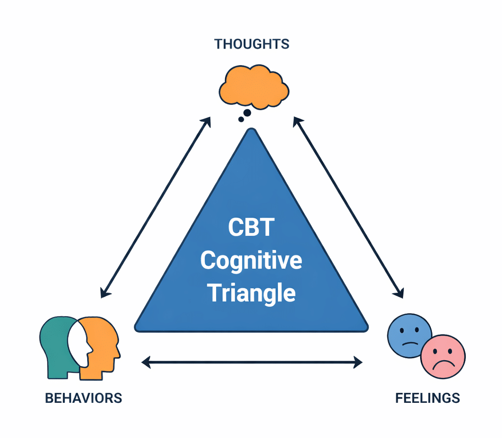 Visual model of the CBT triangle explaining how thoughts affect emotions, emotions guide behaviors, and behaviors reinforce thinking patterns.