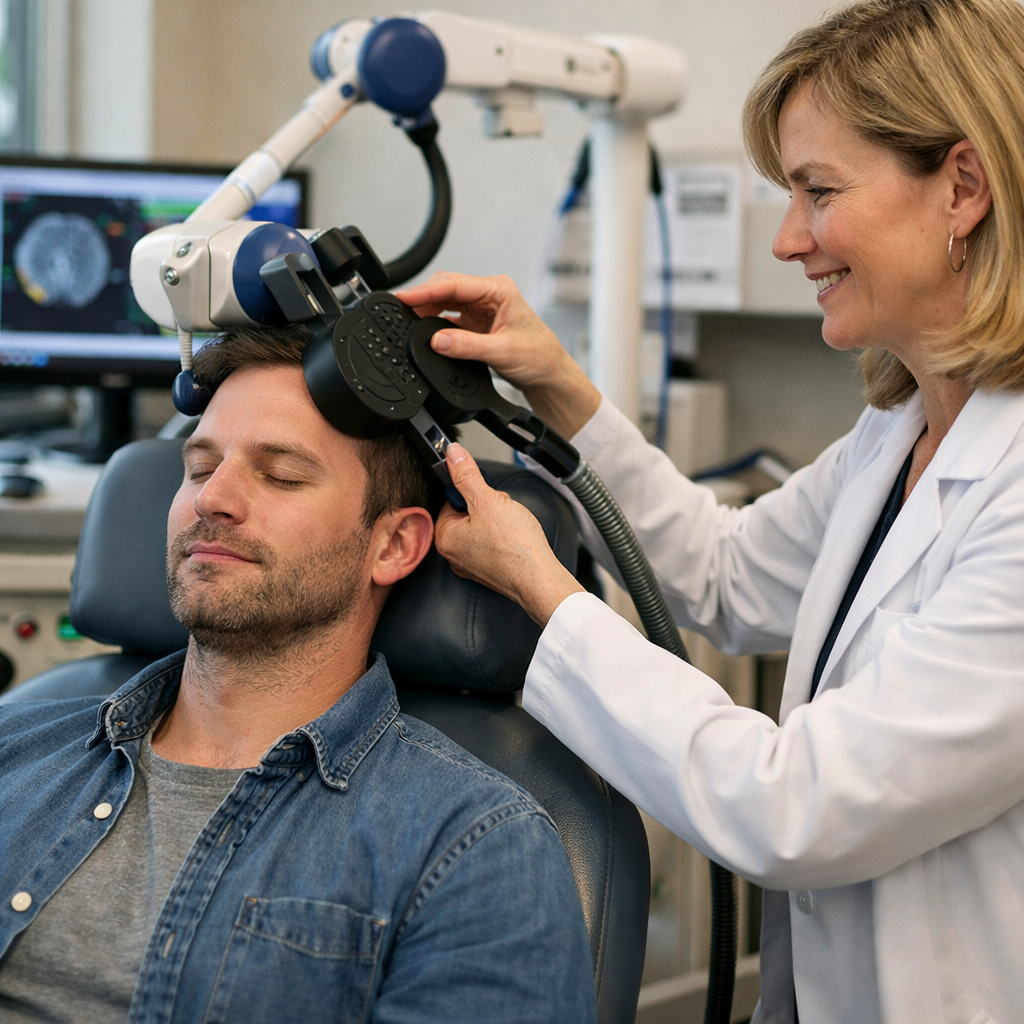 TMS and Neuroplasticity: How the Brain Learns to Heal 2 TMS therapy session illustrating how targeted brain stimulation supports neuroplasticity in depression care.