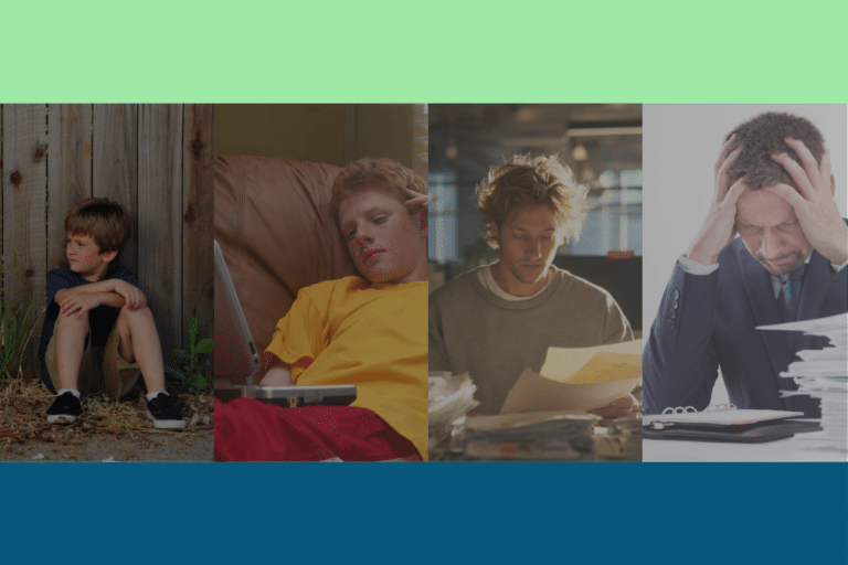 People at different life stages, from childhood to older adulthood, representing how ADHD symptoms evolve across the lifespan.