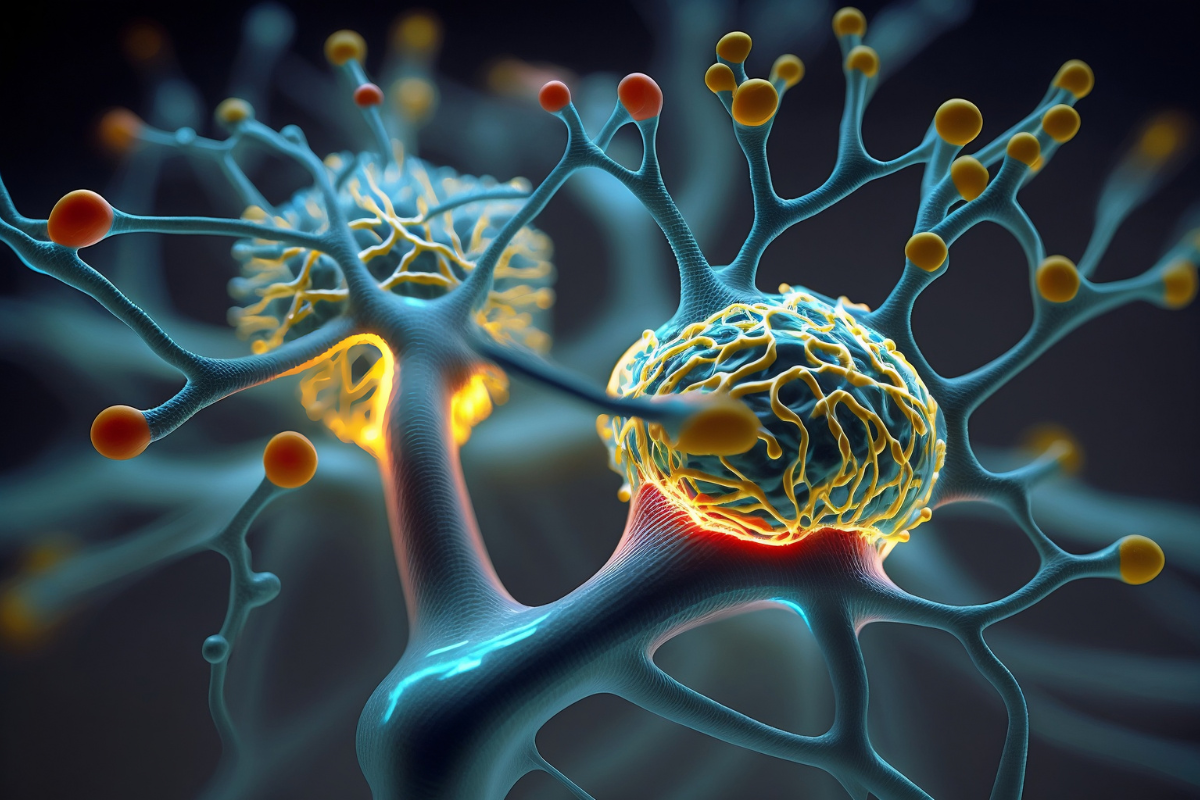 Illustration of connected brain neurons highlighting synaptic plasticity and neural communication involved in neuroplasticity.