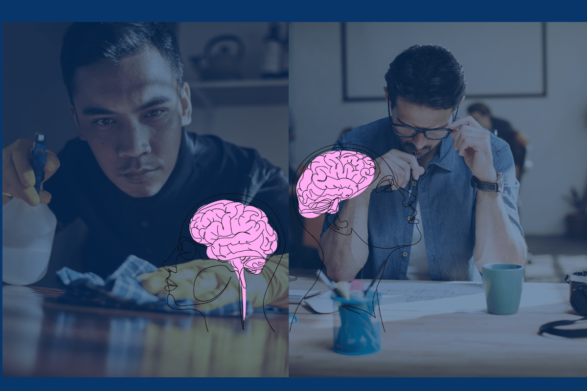 Split image comparing repetitive cleaning behavior and focused task engagement, illustrating differences in OCD vs. autism.