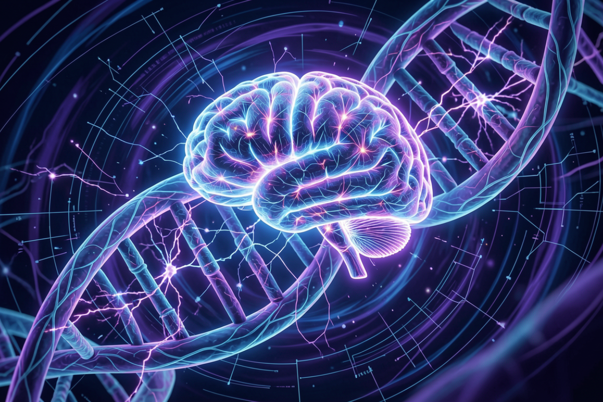 Illustration of a human brain connected to a DNA strand representing the role of genes in mental illness.