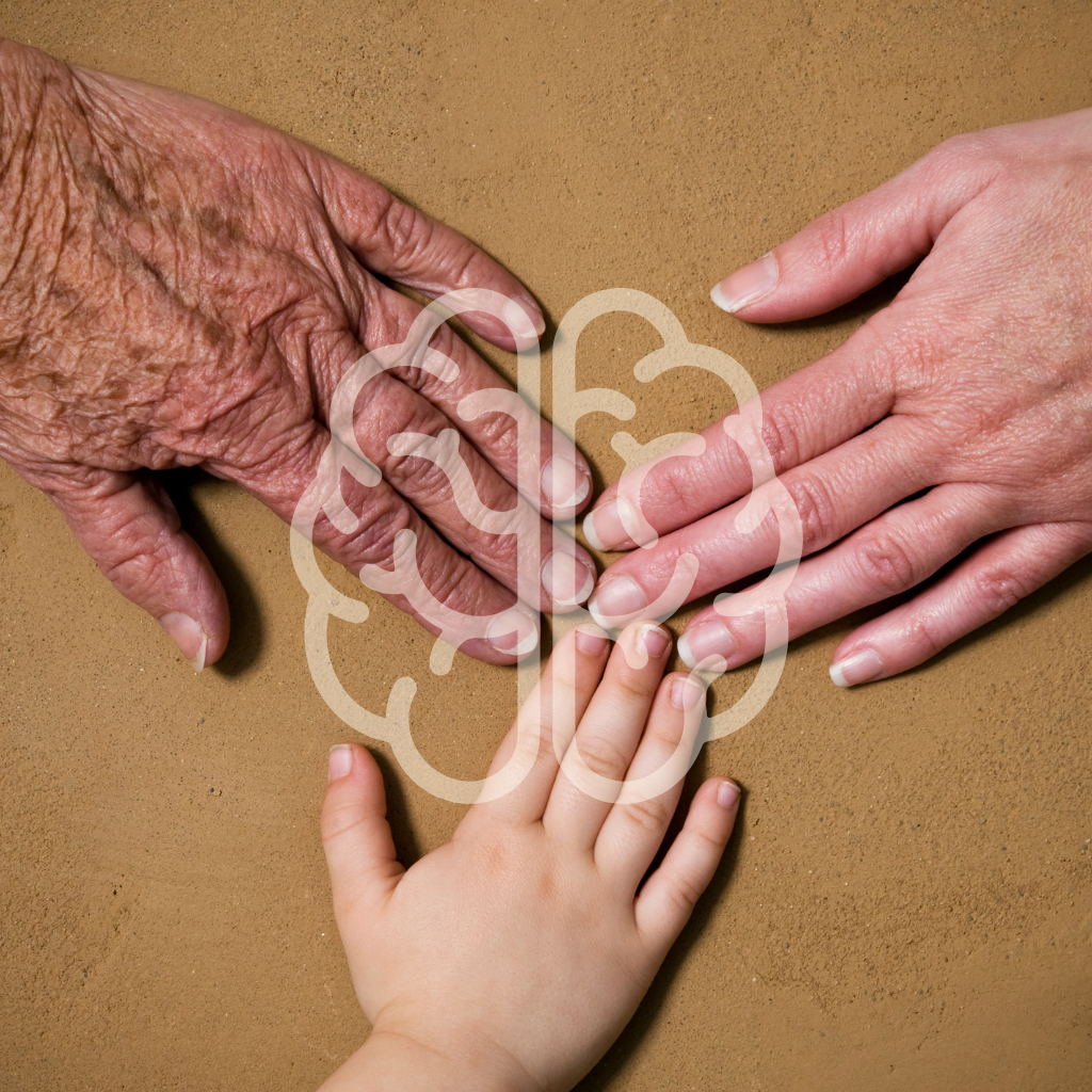 Child, parent, and grandparent hands touching to represent genetic risk and family history in mental illness.