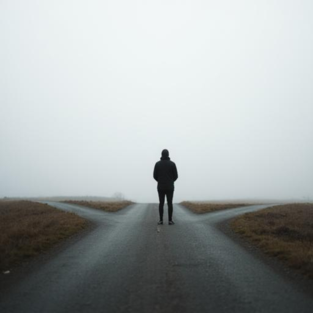 Person facing three diverging paths in a misty landscape symbolizing that genetic risk in mental illness is not destiny.