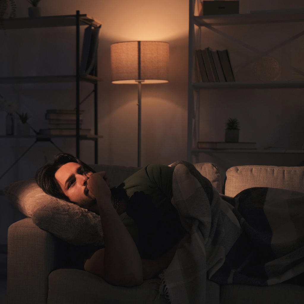 PTSD and Sleep: Why Rest Feels Impossible and What Can Help 1 Person unable to sleep at night representing PTSD hyperarousal and insomnia.