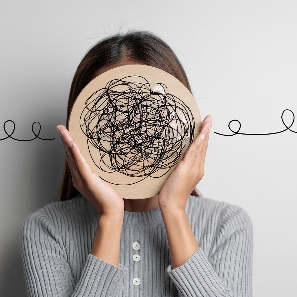 Cognitive Disengagement Syndrome vs ADHD: What Makes Them Different and Why It Matters 1 person holding a face illustration that represents mental fog and cognitive disengagement syndrome