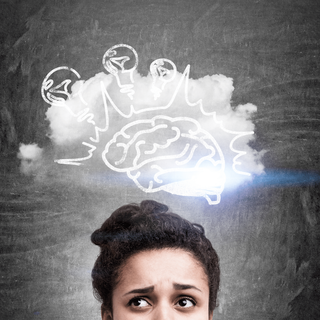 Illustration of brain fog with person appearing confused and cloud with brain drawing and ideas overhead