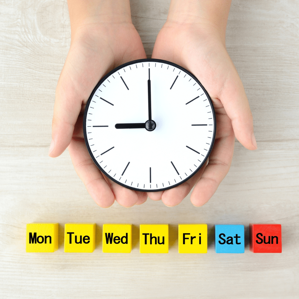 Clock and weekday blocks showing how sunday anxiety follows a schedule.