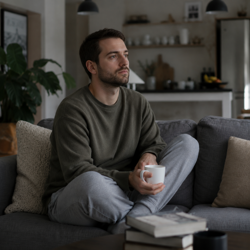 Man sitting alone with emotional flatness from atypical depression symptoms.