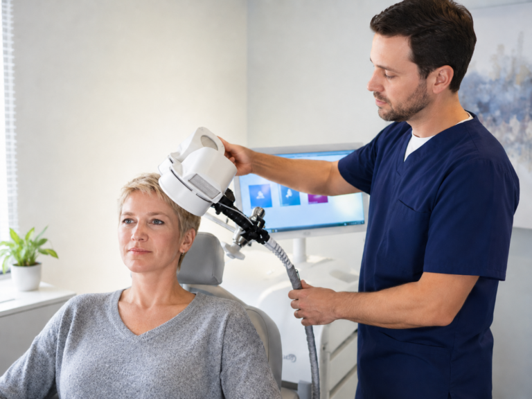 Patient receiving TMS for PTSD