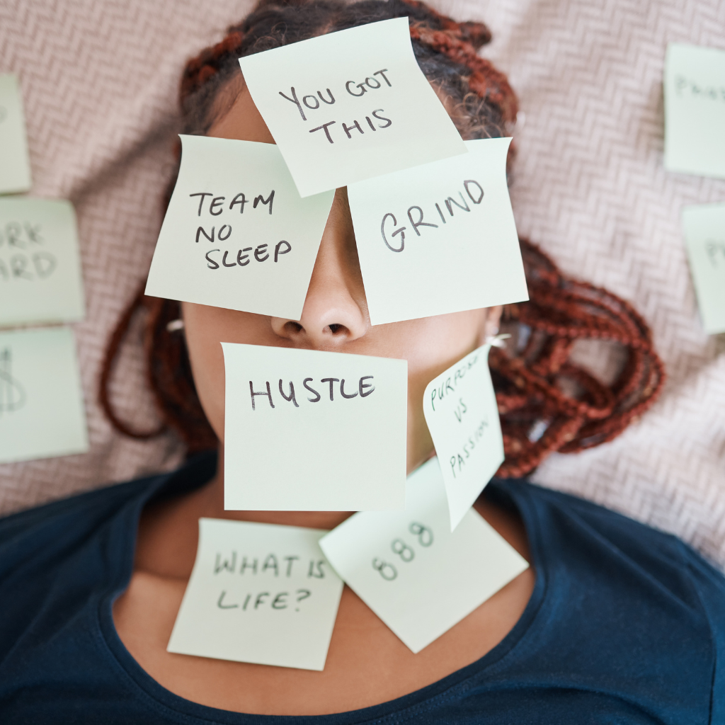 Person covered in reminders, showing the hidden strain of high functioning ADHD.