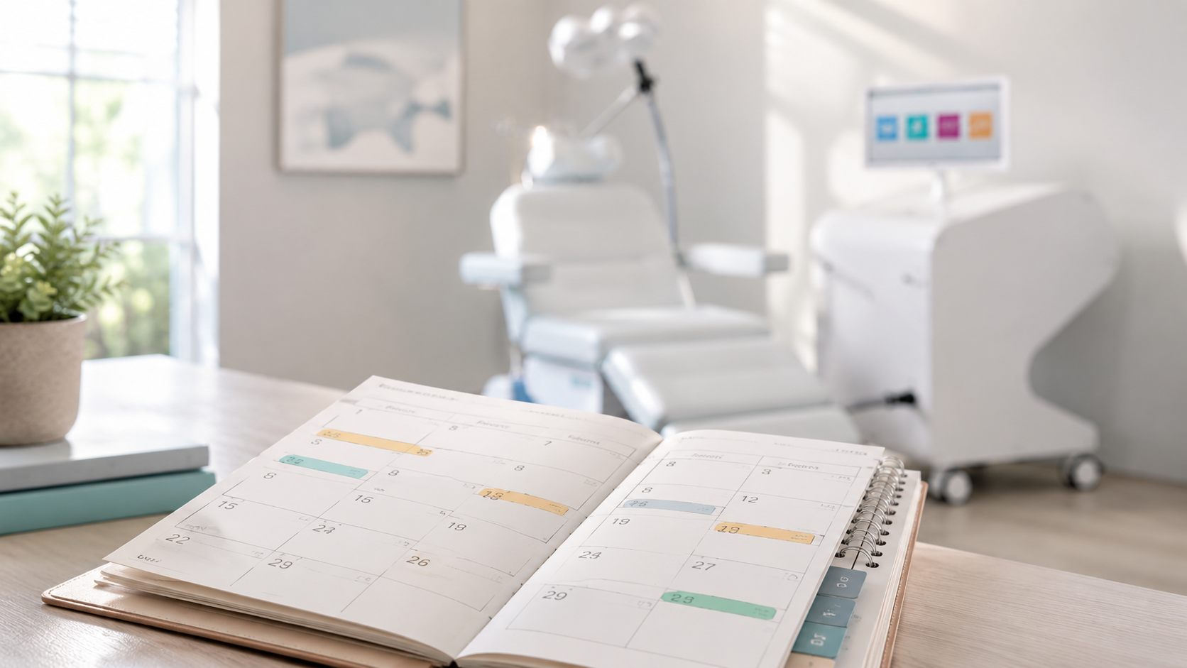 Calendar with marked dates in the foreground and a blurred TMS treatment machine in a mental health clinic.