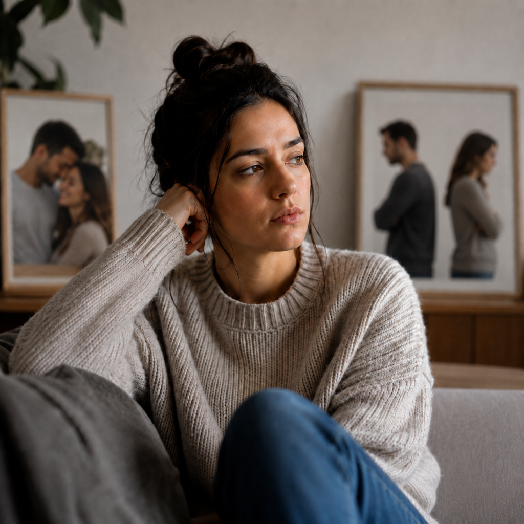 Woman sitting thoughtfully with blurred relationship scenes behind her, reflecting BPD splitting in relationships.