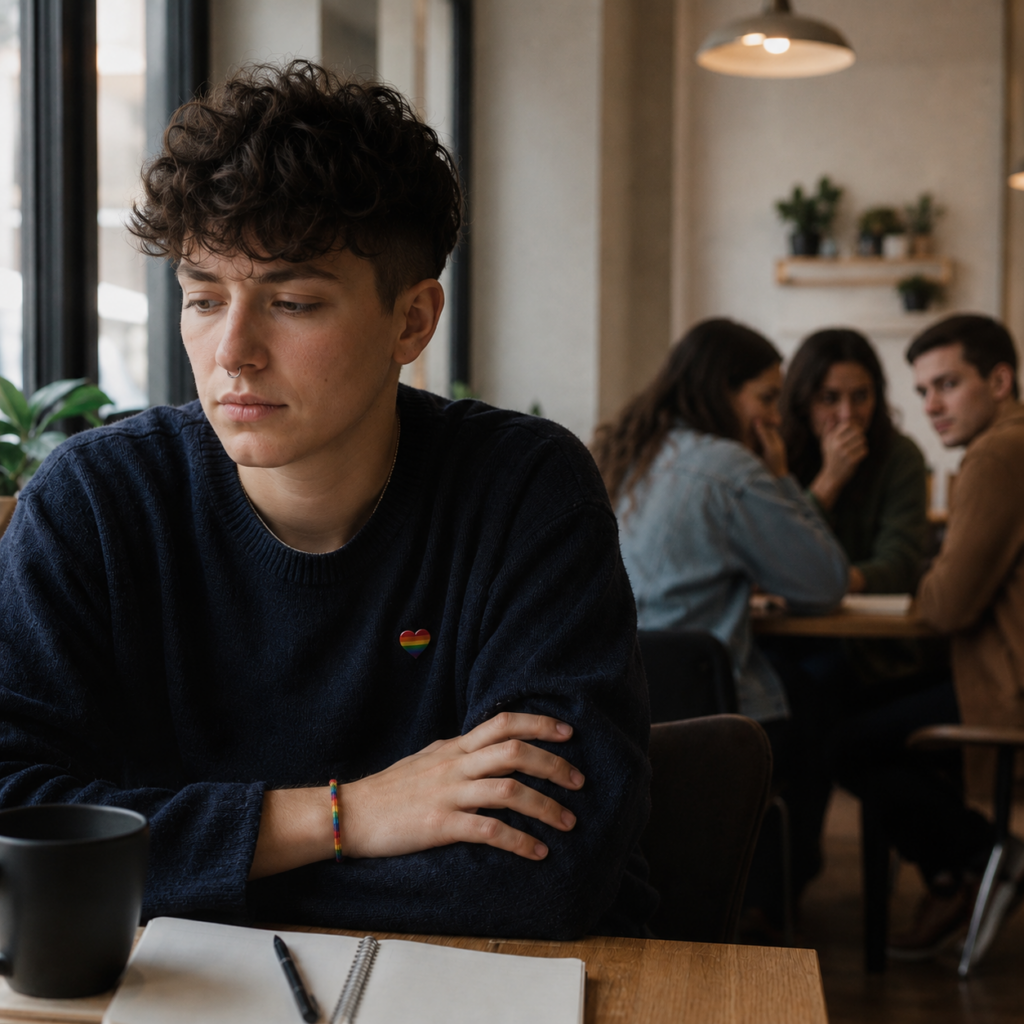 LGBTQ young adult sitting apart in a café, reflecting minority stress and the pressure to stay guarded.