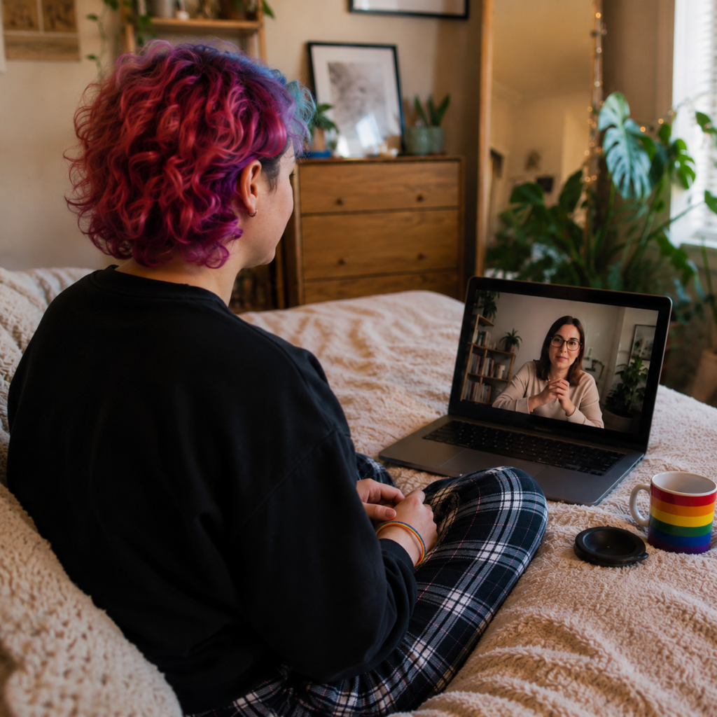 LGBTQ young adult speaking with an affirming therapist by video from home.