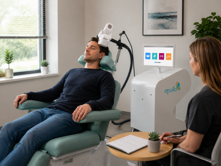 Animo Sano Psychiatry 41 Patient relaxing in a TMS treatment chair while a clinician monitors the session nearby.