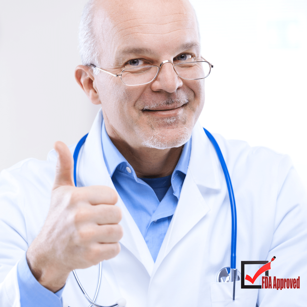 Doctor giving a thumbs-up beside an approval stamp, illustrating FDA-cleared TMS therapy for teenagers.