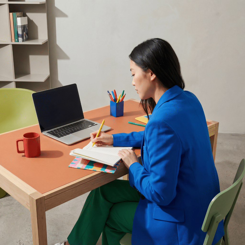 Person writing notes at a desk, showing how naming the facts can help manage rejection sensitive dysphoria at work.