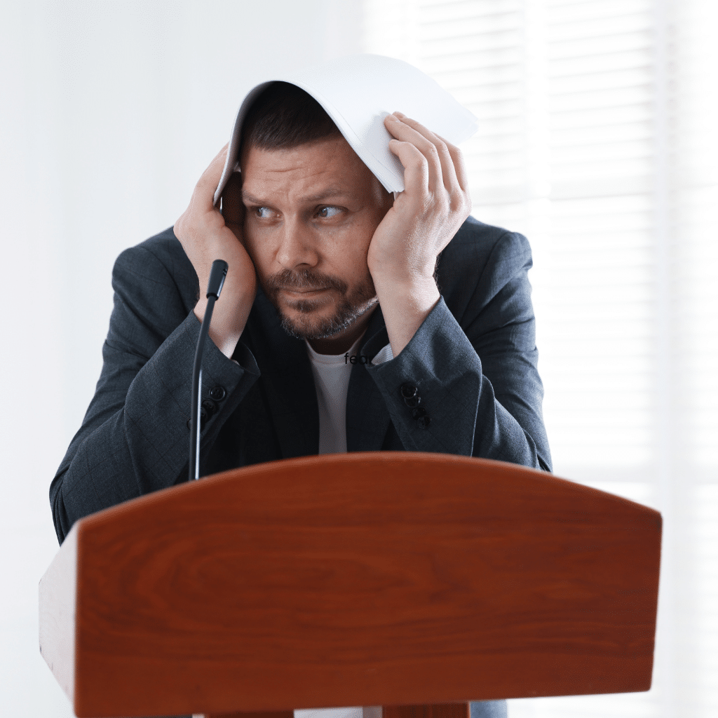 Man looking anxious before speaking at work, showing how rejection sensitive dysphoria can make criticism or judgment feel overwhelming.